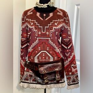 Bohemian Aztec Print Red and Brown Patterned w Embellishments Tunic Pullover
